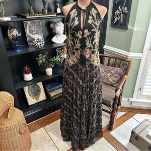 Free People “Take Me Away” Maxi Dress – Black with Gold Embroidery, Size 6